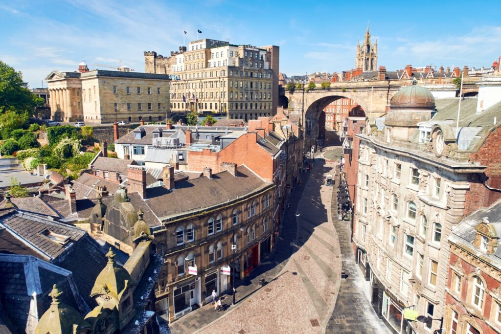 NEWCASTLE UPON TYNE, ENGLAND, UK - AUGUST 13, 2015: Aerial View of the streets of Newcastle's Quayside beside the river Tyne.