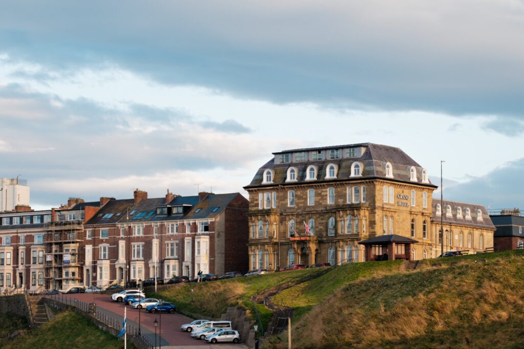 Tynemouth UK: 5th August 2023: The Grand Hotel Tynemouth by the seaside wedding venue, tourist destination sunny day